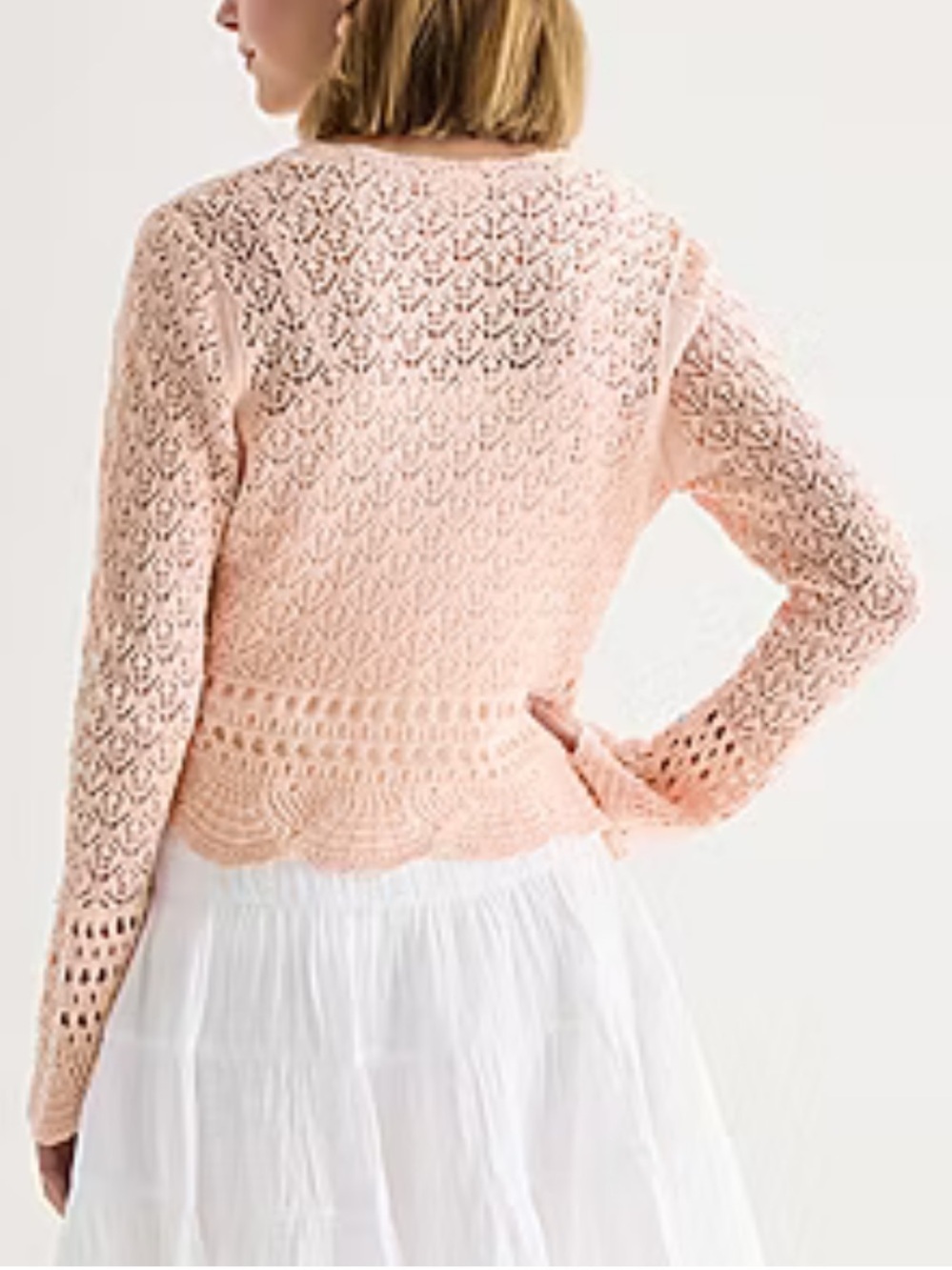 Crochet Bell Sleeve Sweater Front Tie Closure Light Pink Size Large Cotton Knit - Picture 4 of 12